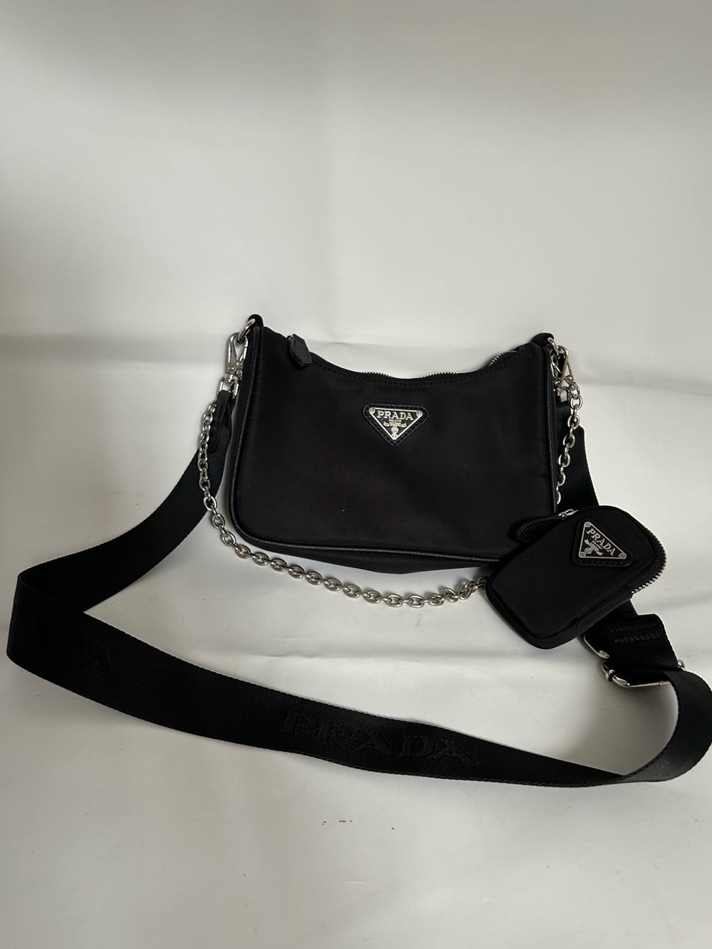 Black Crossbody Bag with Chain and Pouch